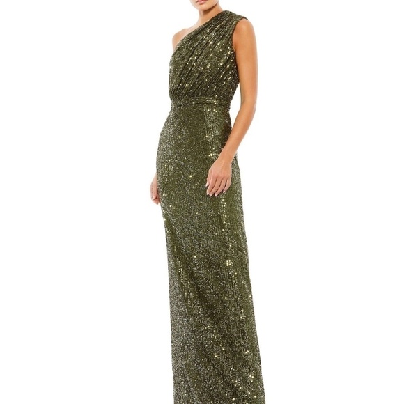 NWT Ieena for Mac Duggal 26694 Sequined Ruched One Shoulder Gown Olive Size 16 - Picture 1 of 12
